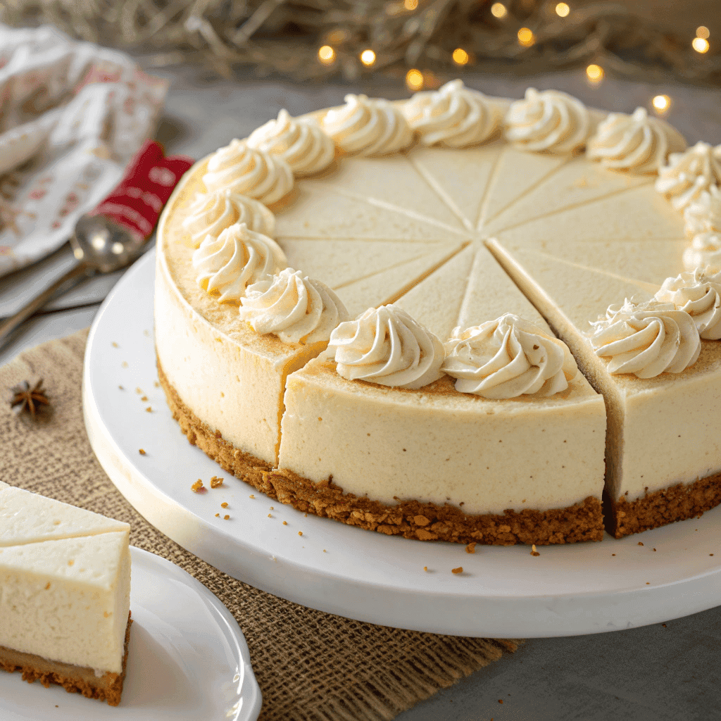Top-view image of a whole eggnog cheesecake with whipped cream decoration.