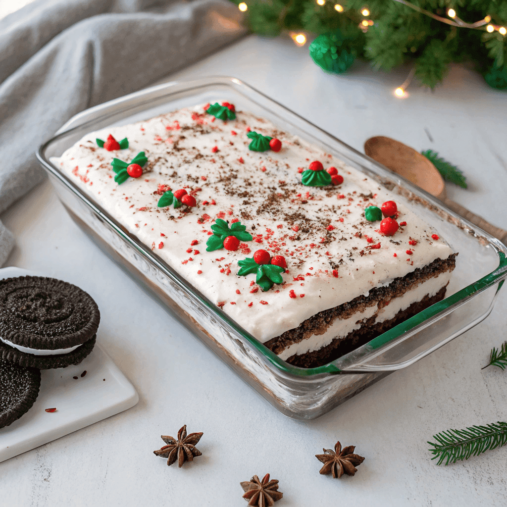 Top-down view of a full Christmas Oreo lasagna decorated with festive candies and sprinkles.