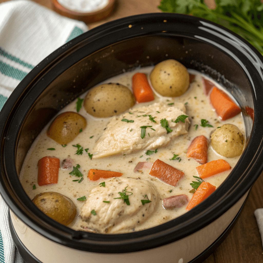 Top-down image of Crockpot Ranch Chicken inside a slow cooker with vegetables.