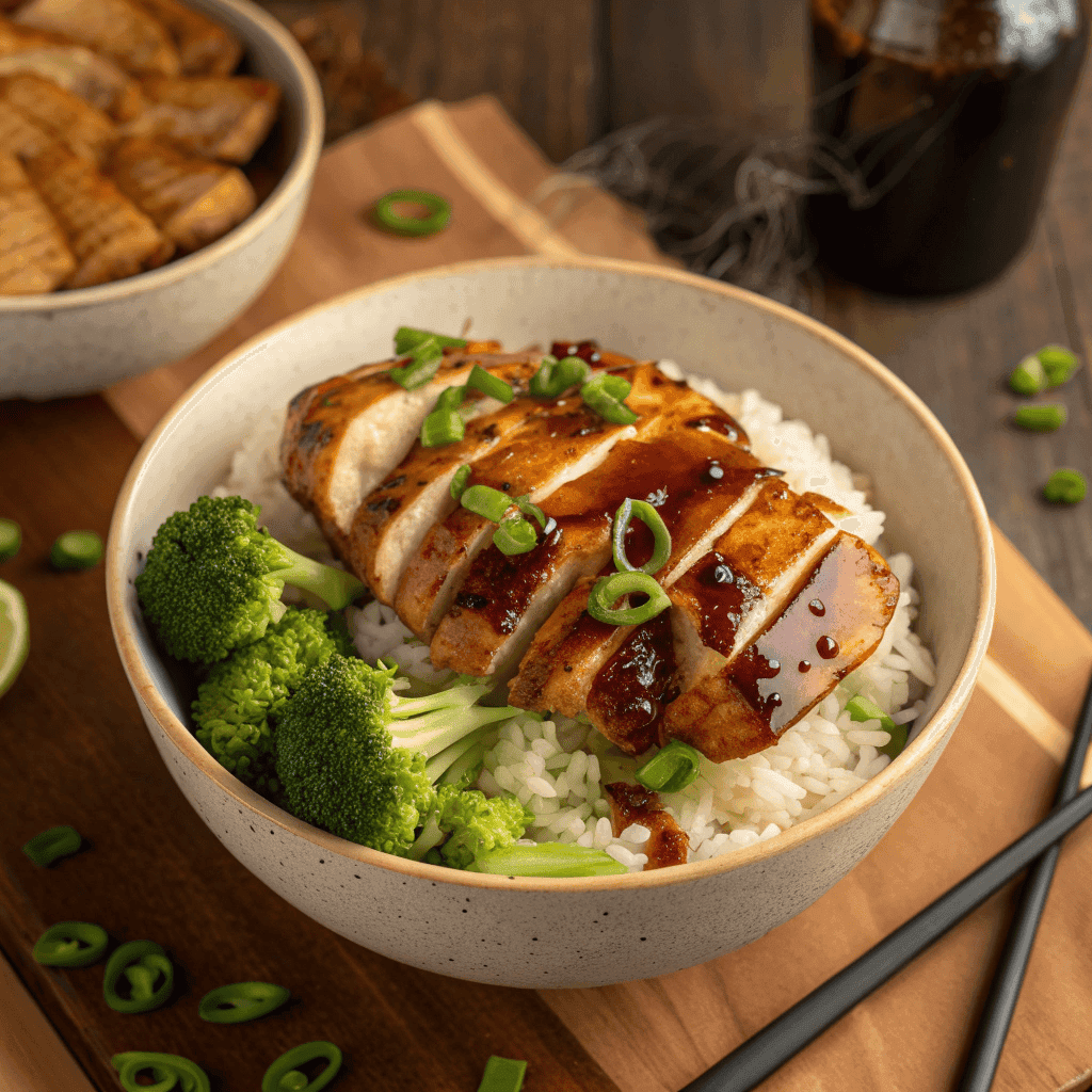 Top-down view of a full honey BBQ chicken rice bowl with green onions.