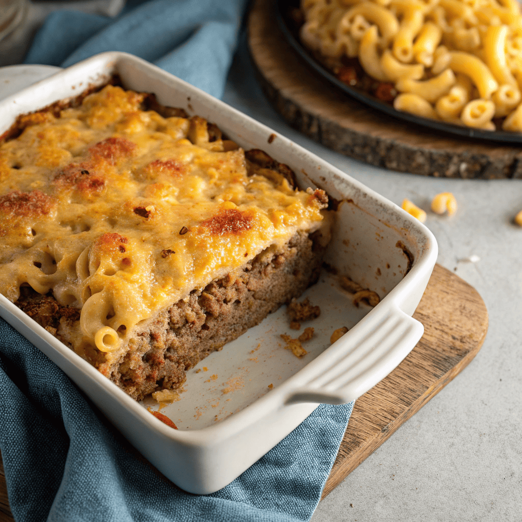 Clean white plate with a tidy slice of mac and cheese meatloaf showing layered pasta and meat.