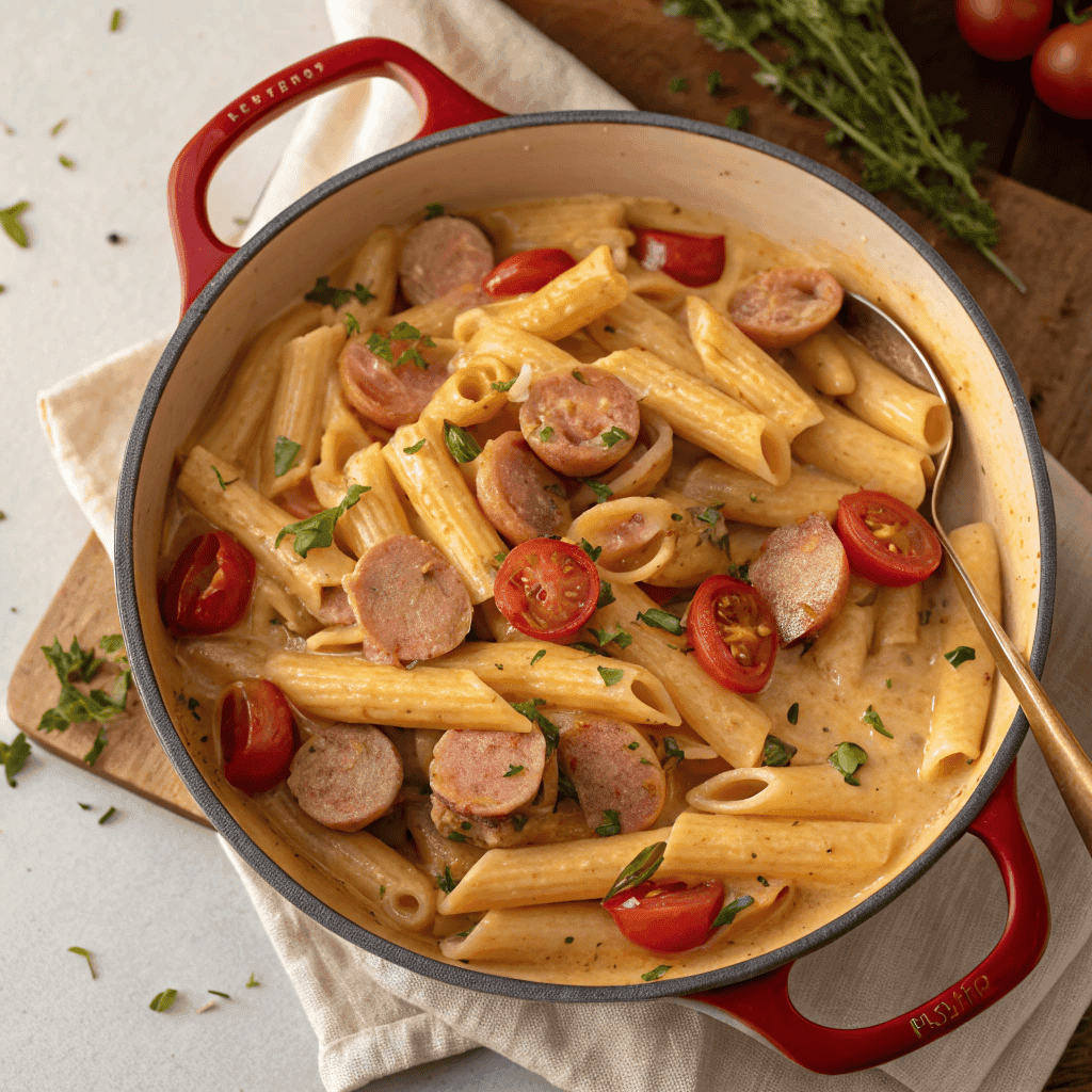 One Pot Creamy Cajun Sausage Pasta Recipe 2 Top-down view of a full pot of creamy Cajun sausage pasta.