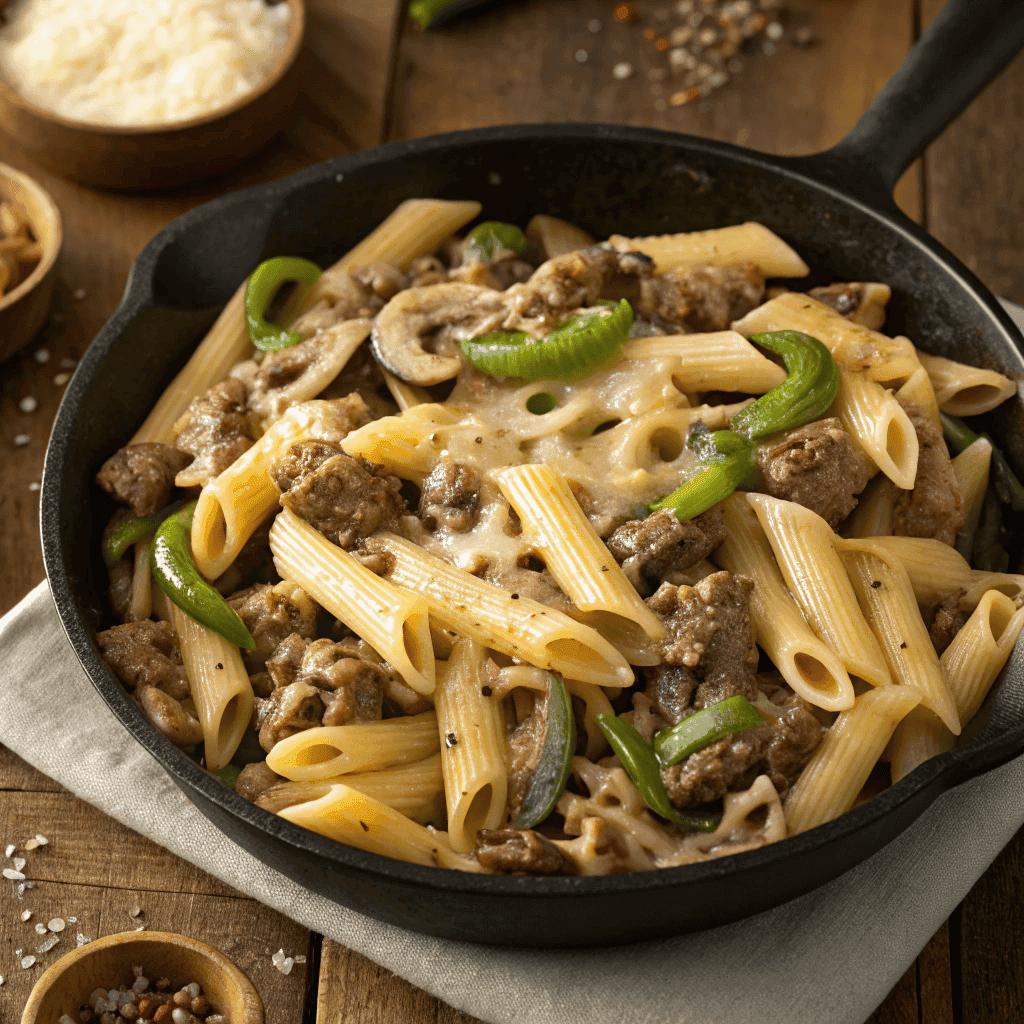 Top-down view of a full skillet of Philly cheesesteak pasta with melted cheese.