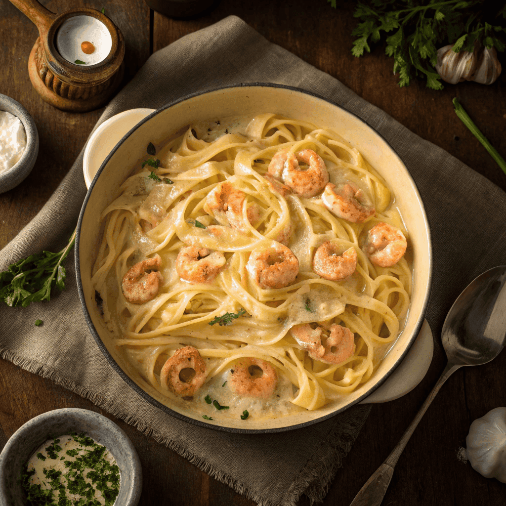 Shrimp Alfredo – Creamy Garlic Parmesan Pasta 2 Top-down view of a full serving bowl of creamy Shrimp Alfredo pasta.