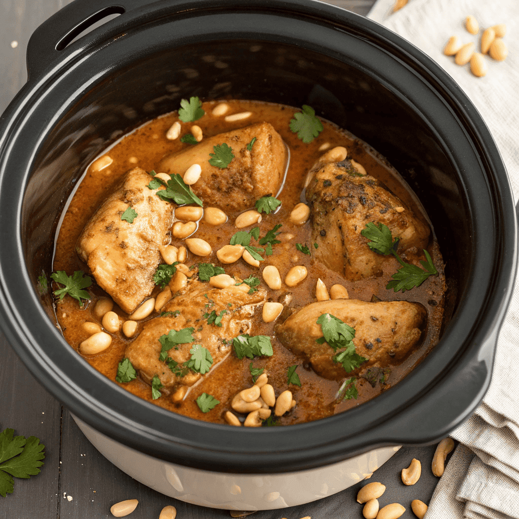 Top-down view of a crockpot filled with peanut chicken and garnished with herbs and peanuts.