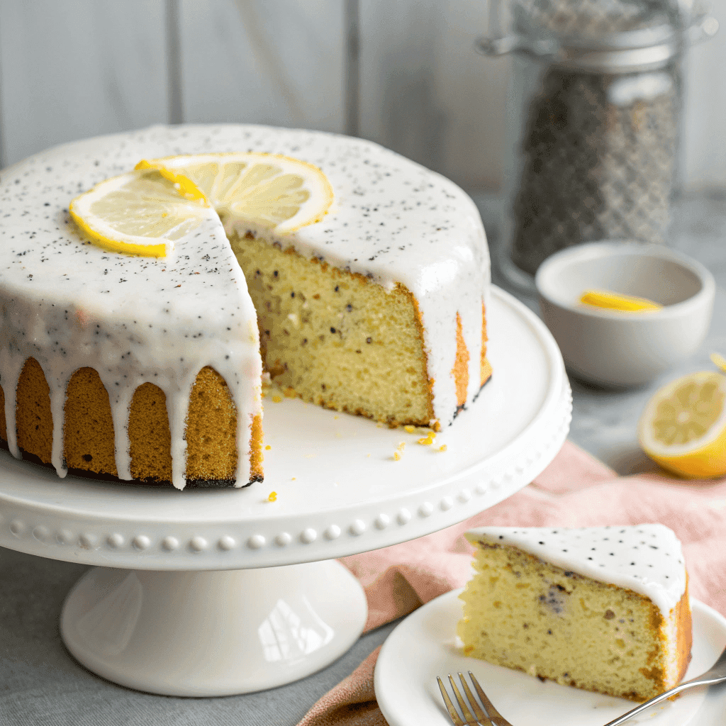 Image of a whole lemon poppy seed cake with white glaze on top.