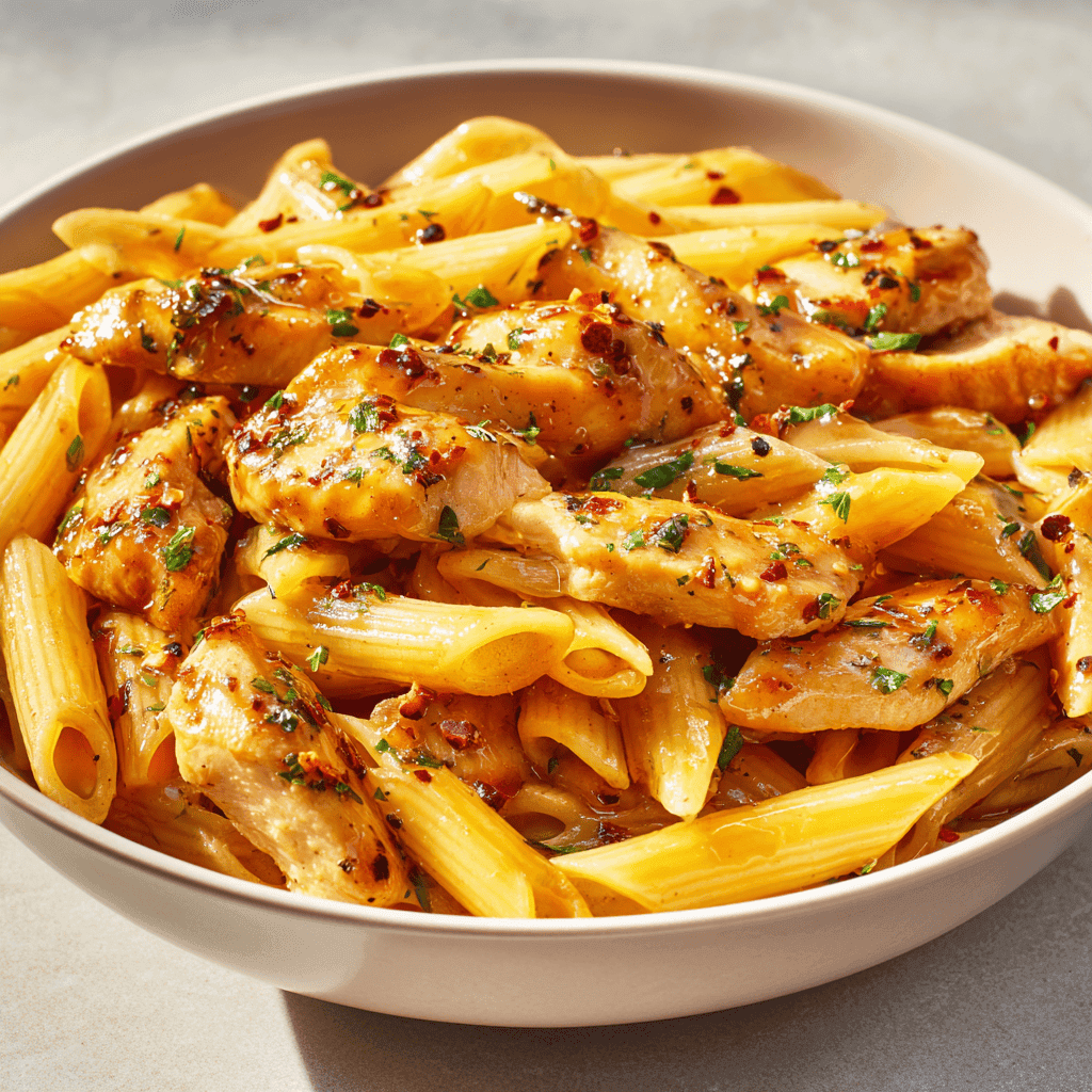 Honey Pepper Chicken Pasta – Sweet, Spicy & Ready in 30 Minutes 4 Honey pepper chicken pasta with glossy sauce, herbs, and pepper flakes in a bowl.