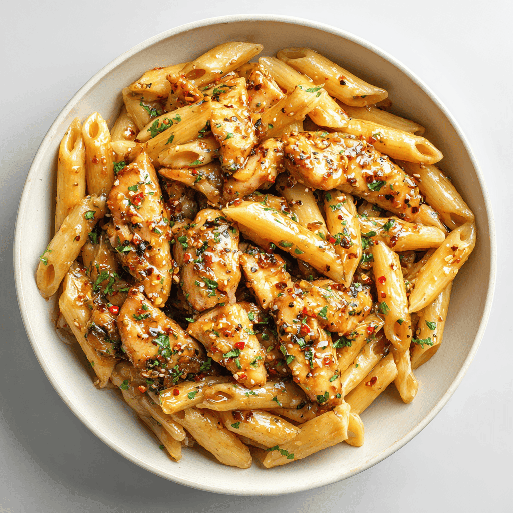 Honey Pepper Chicken Pasta – Sweet, Spicy & Ready in 30 Minutes 2 Honey pepper chicken pasta in a bowl showing golden sauce and seasoned chicken.