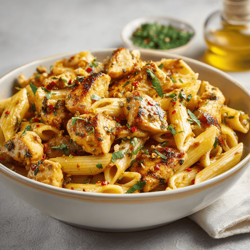 Honey Pepper Chicken Pasta – Sweet, Spicy & Ready in 30 Minutes 1 Angled view of honey pepper chicken pasta with creamy golden sauce and herbs.
