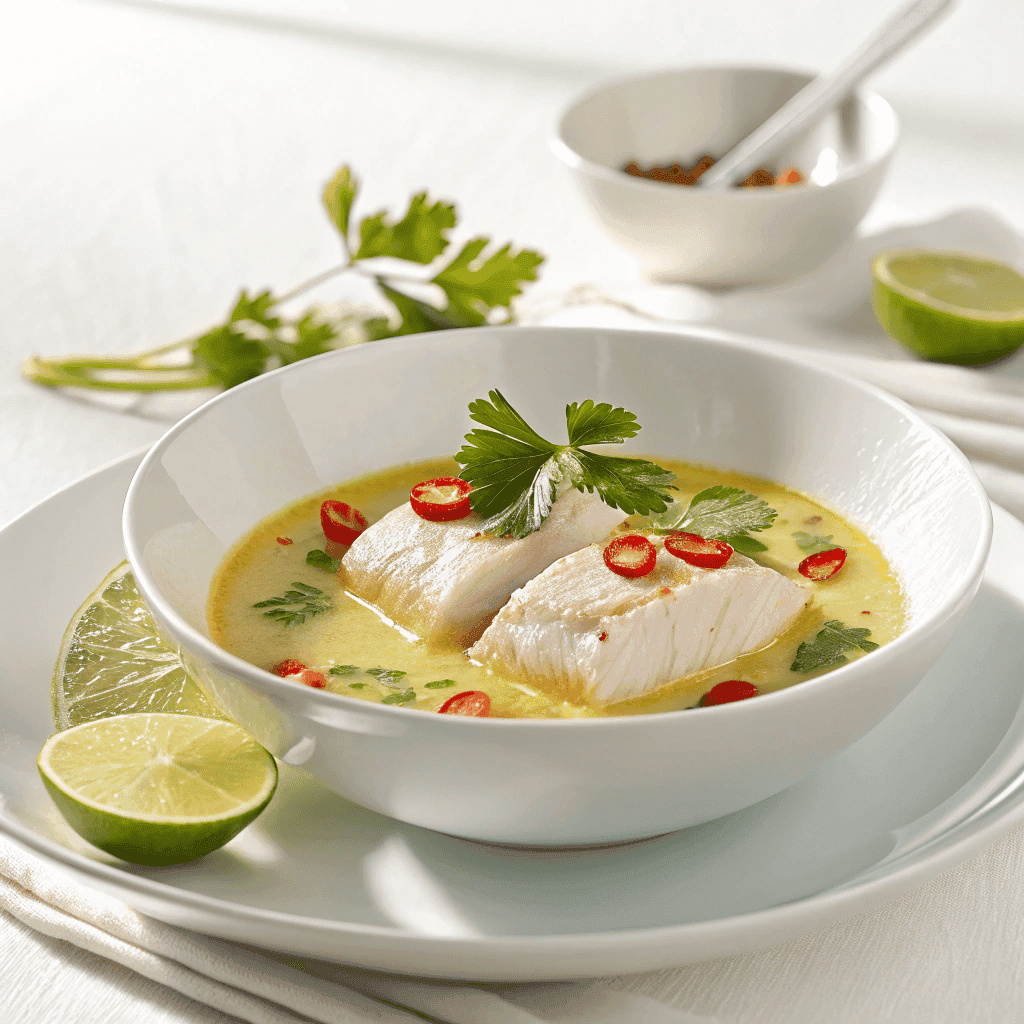 White bowl coconut lime fish soup with tender fish fillets, cilantro, chili, and creamy golden broth.