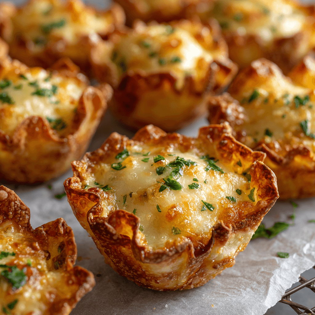 Iowa Party Bites - Cheesy, Meaty & Crowd-Pleasing ! 3 Freshly baked Iowa Party Bites with crispy golden cups and melted cheese on parchment.