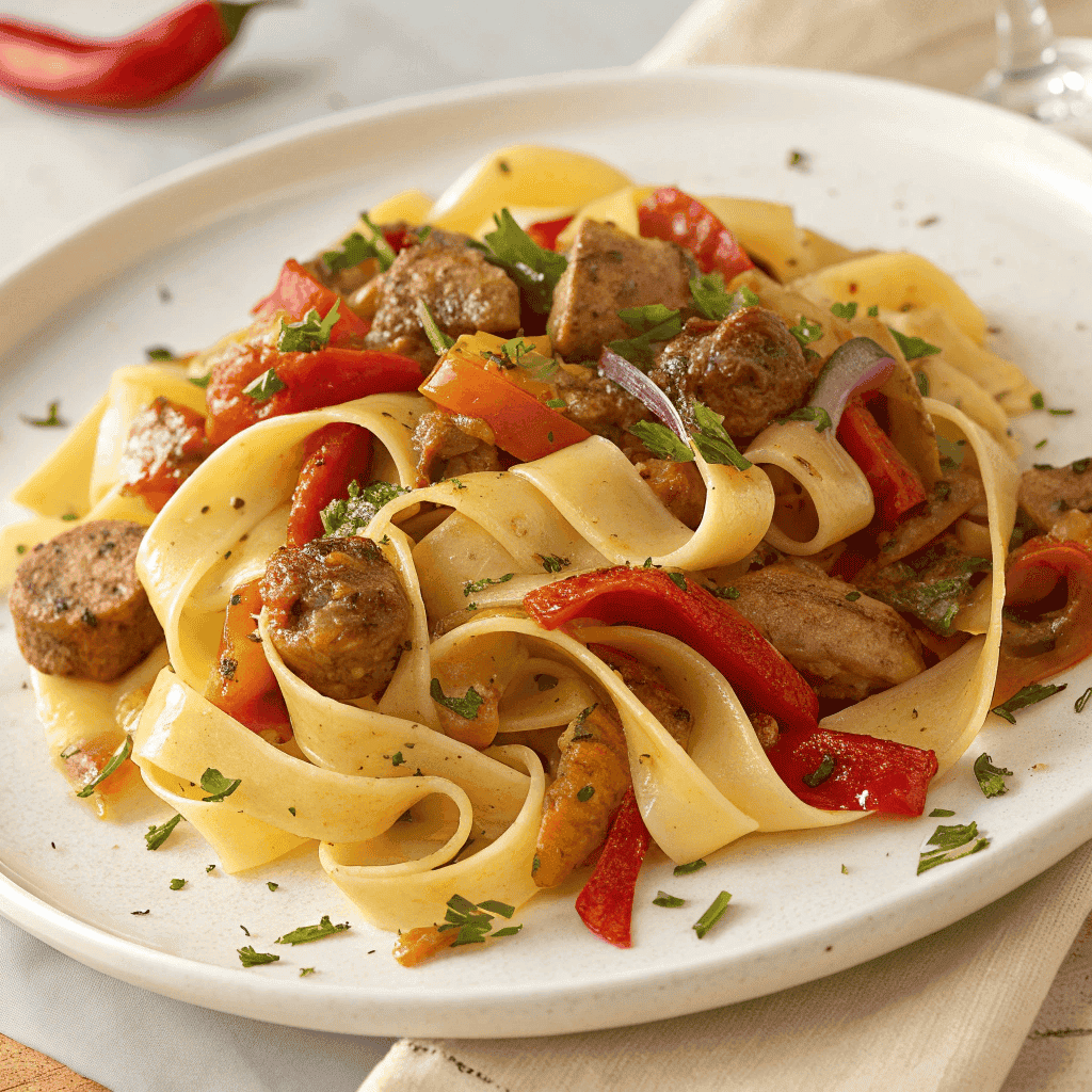 Italian drunken noodles on a serving plate showing noodles, sausage, and peppers.