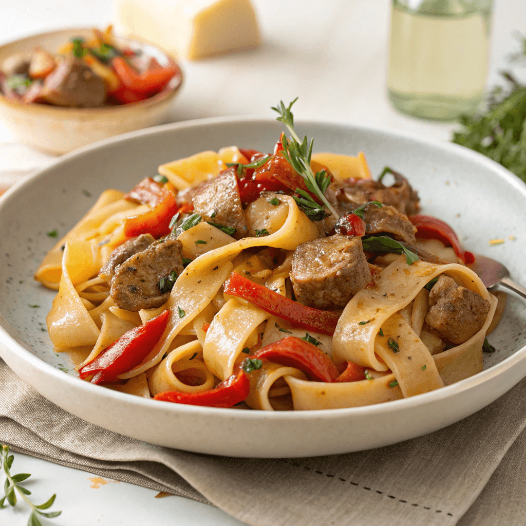 Italian drunken noodles with sausage, peppers, and onions on a shallow plate.