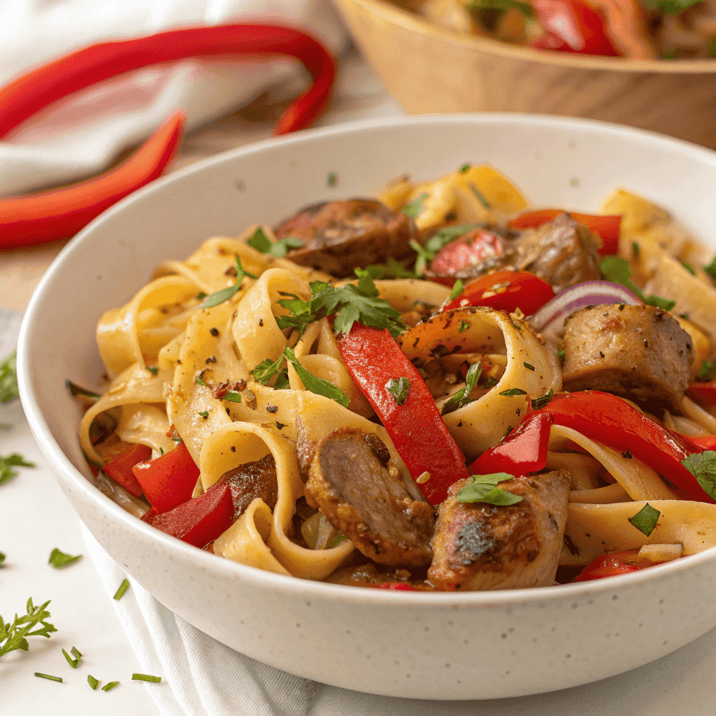 Italian drunken noodles shown from a slight angle with sausage, peppers, and herbs.