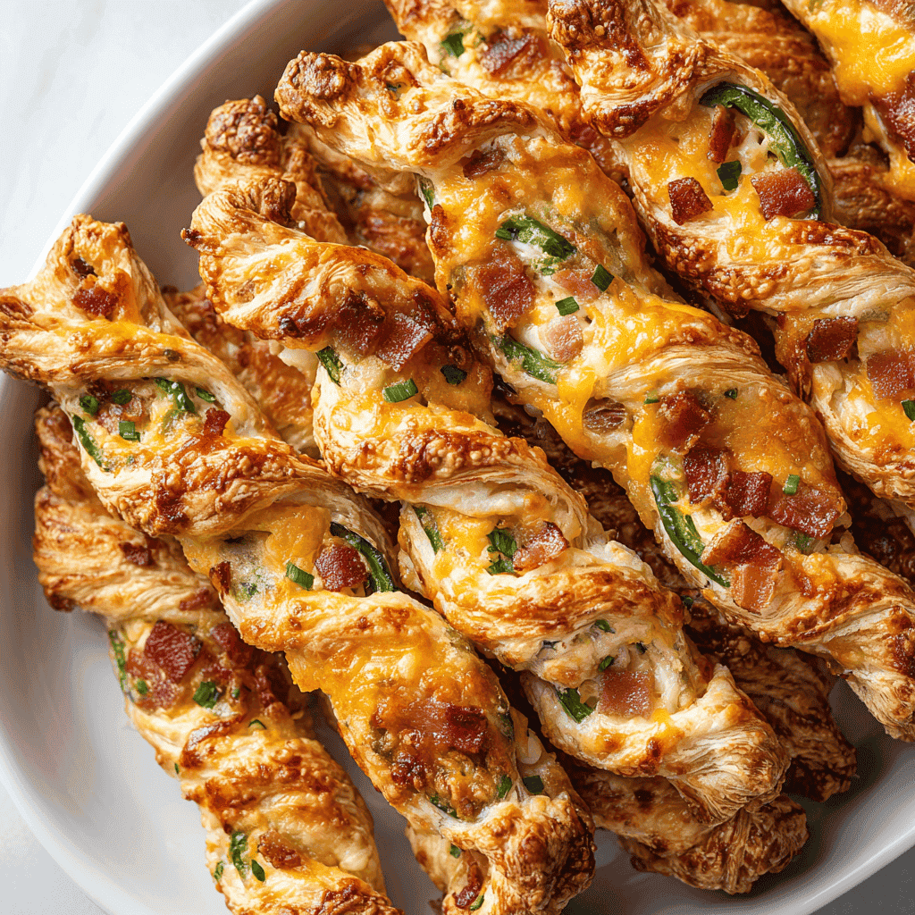 Jalapeño Popper Twists (Cheesy, Spicy & Flaky Bites!) 4 Golden jalapeño popper twists arranged in a dish with melted cheddar, jalapeños, and bacon.