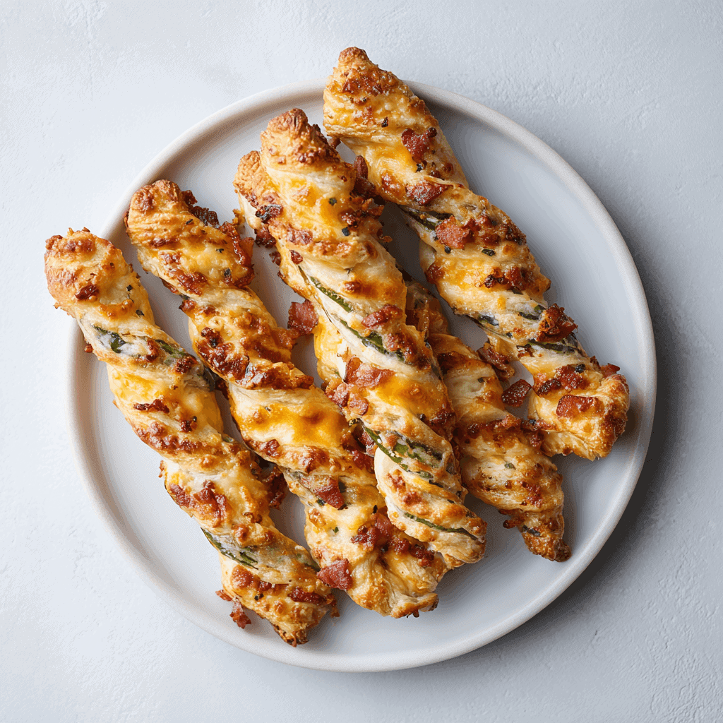 Jalapeño Popper Twists (Cheesy, Spicy & Flaky Bites!) 2 Golden jalapeño popper twists served on a white plate showing flaky pastry and melted cheese.