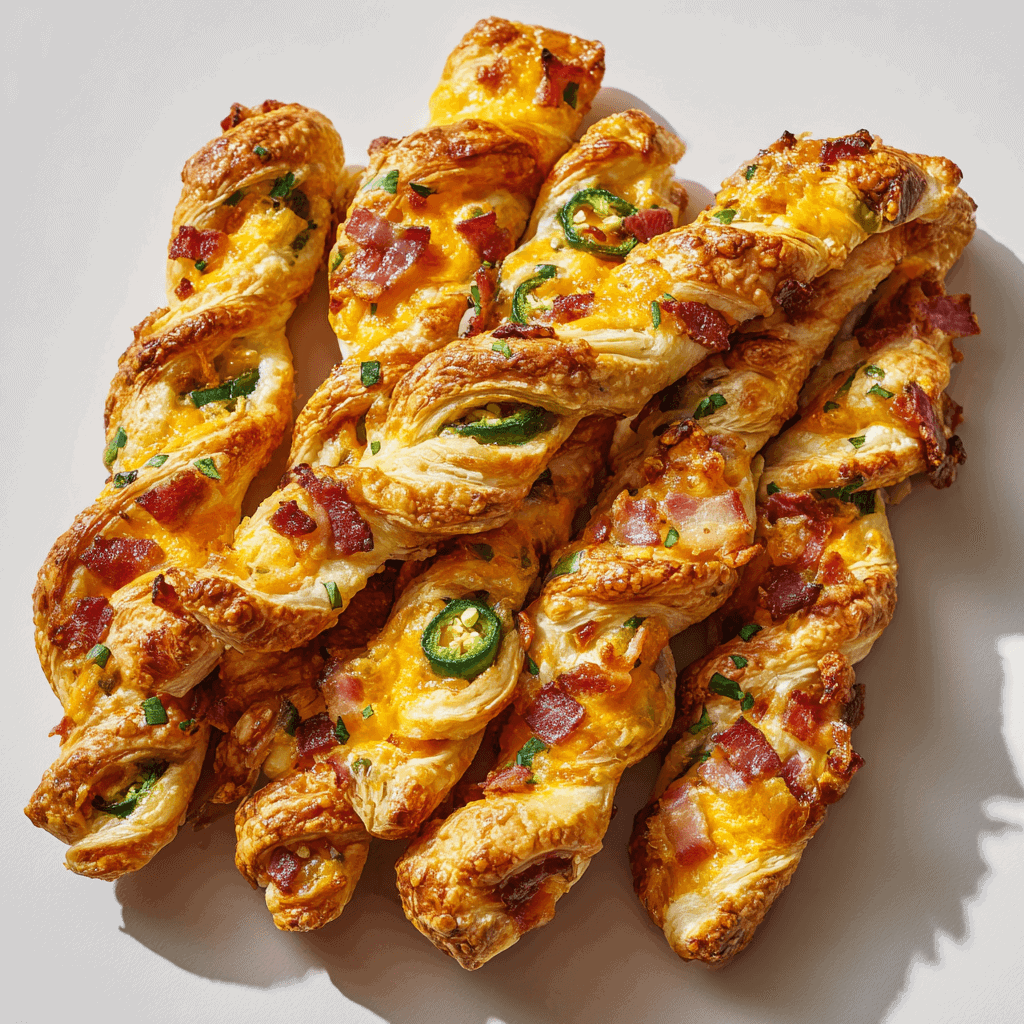 Jalapeño Popper Twists (Cheesy, Spicy & Flaky Bites!) 1 Flaky jalapeño popper twists with melted cheese and jalapeños under bright natural light.