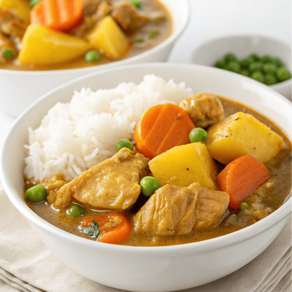 Japanese curry with chicken, vegetables, and rice served in a white bowl.