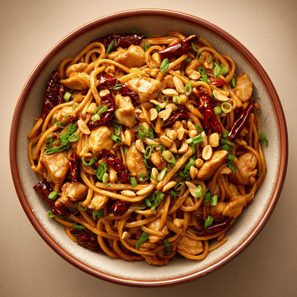 Kung Pao Chicken Noodles – Spicy, Quick & Flavor-Packed Dinner 4 Kung Pao chicken noodles with chilies, peanuts, and green onions in a bowl.