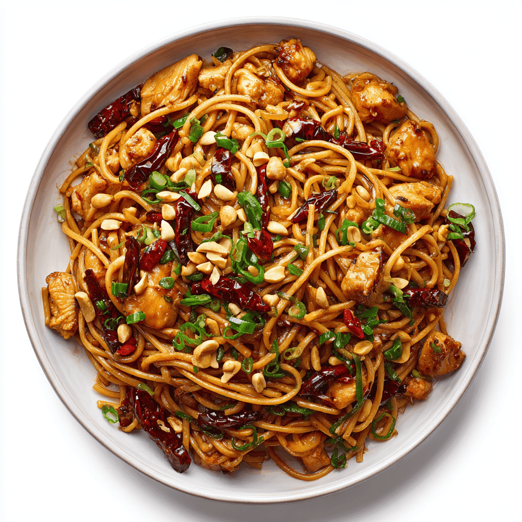 Kung Pao Chicken Noodles – Spicy, Quick & Flavor-Packed Dinner 2 Kung Pao chicken noodles plated with chilies, peanuts, and green onions.