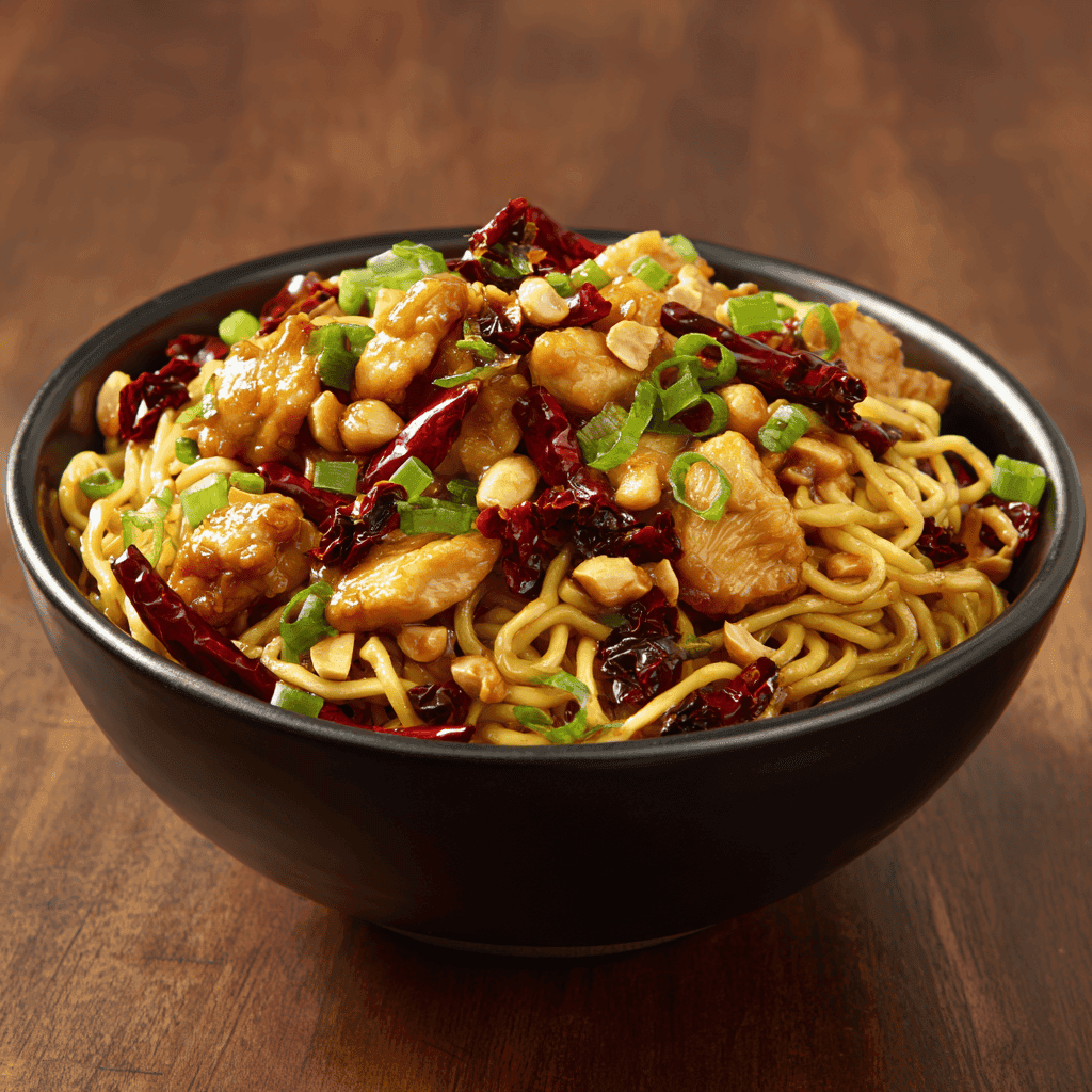 Kung Pao Chicken Noodles – Spicy, Quick & Flavor-Packed Dinner 1 Bowl of Kung Pao chicken noodles with peanuts and chilies at a slight angle.