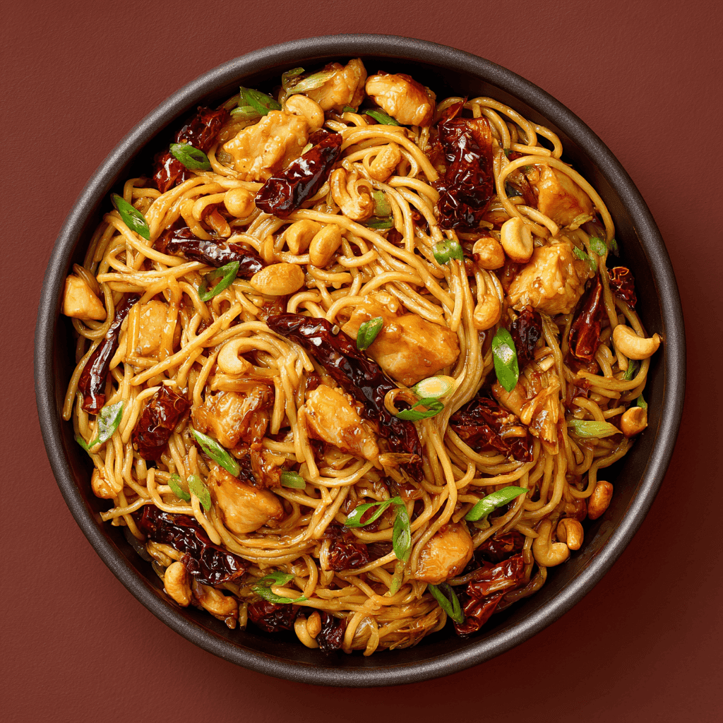 Kung Pao Chicken Noodles – Spicy, Quick & Flavor-Packed Dinner 3 Finished Kung Pao chicken noodles topped with green onions, chilies, and peanuts.