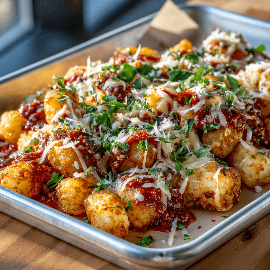 Loaded bravas tots on a clean tray showing toppings and crispy texture.