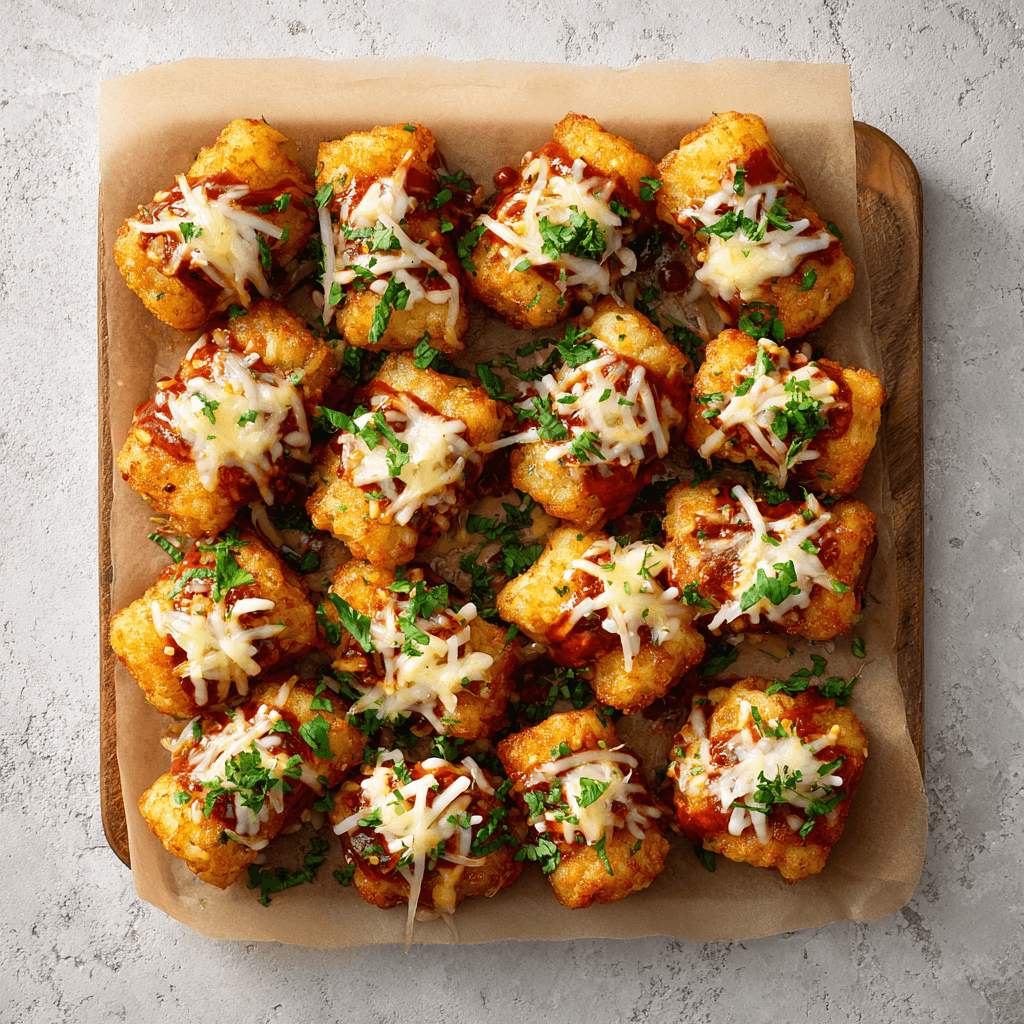 Top-view loaded bravas tots with golden crisp texture and classic toppings.