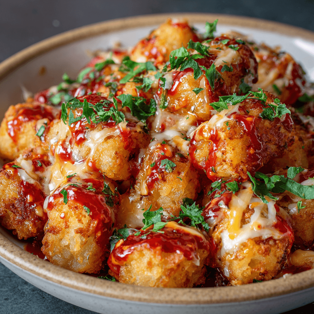 Angled view of loaded bravas tots with bravas sauce, cheese, and parsley.