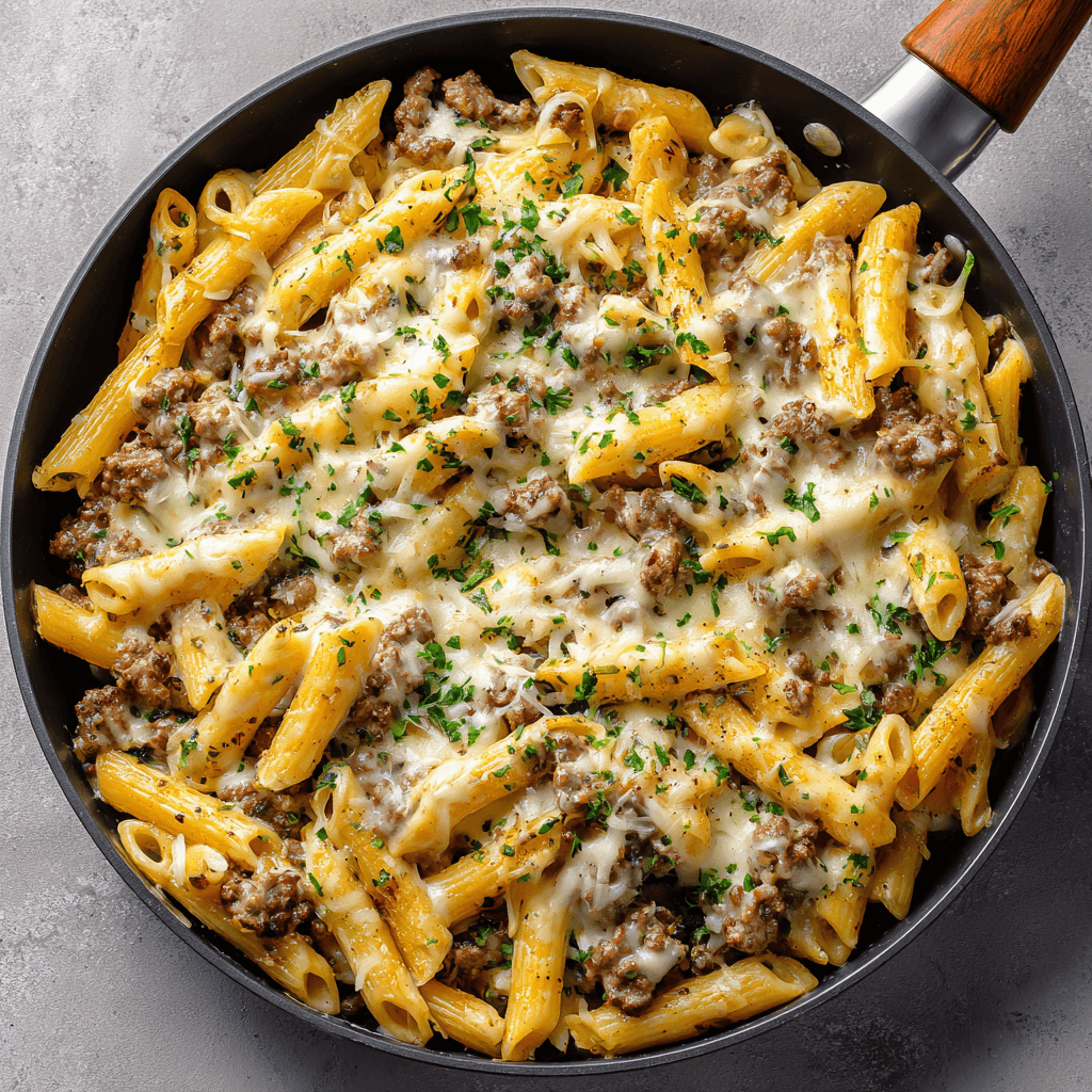 Loaded cheeseburger alfredo pasta with melted cheese and ground beef in a skillet.