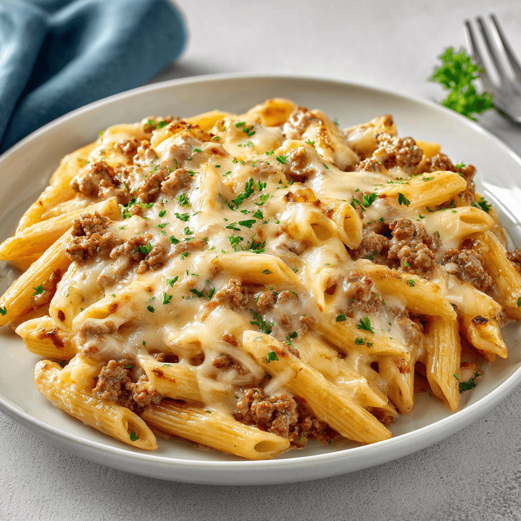 Plate of loaded cheeseburger alfredo pasta with cheese sauce and ground beef.