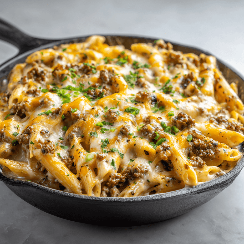 Skillet of loaded cheeseburger alfredo pasta with melted cheese at a slight angle.