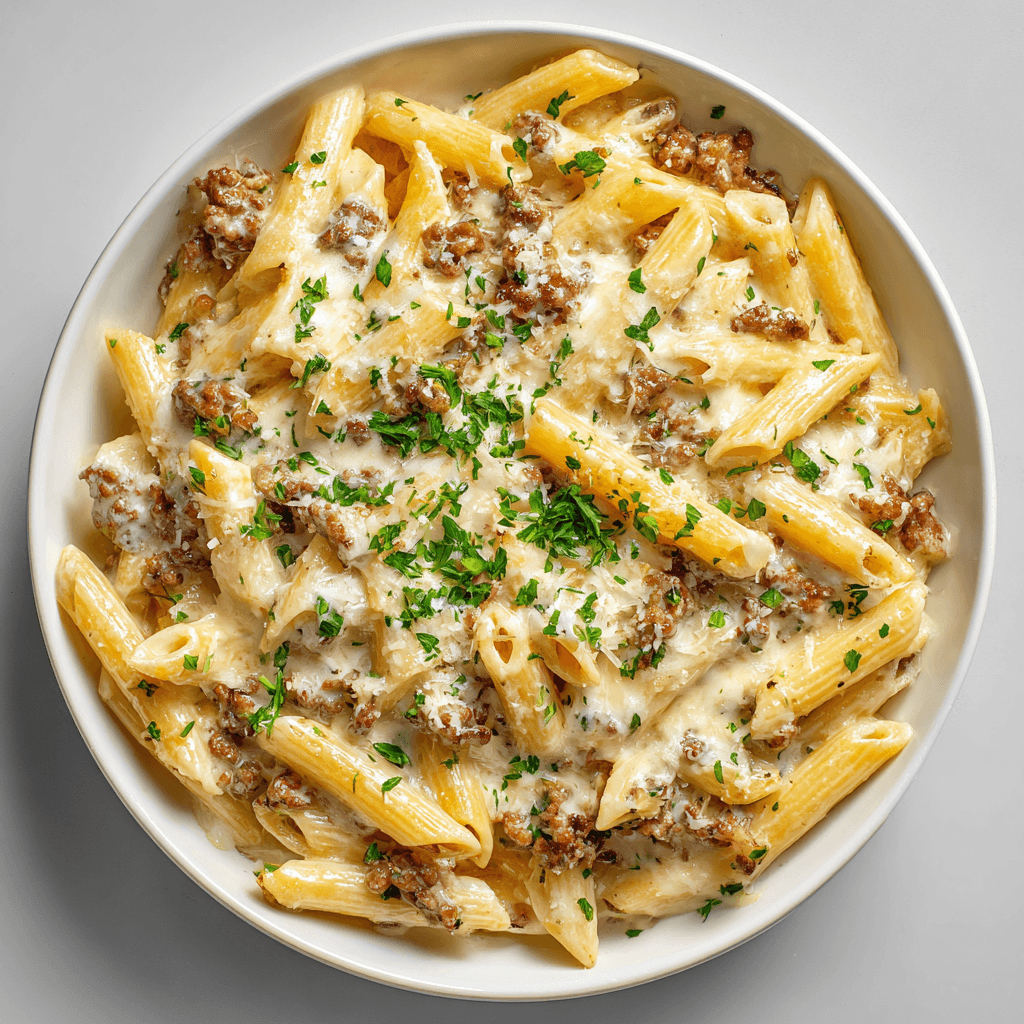 Finished cheeseburger alfredo pasta topped with melted cheese and beef.
