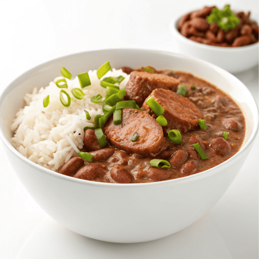 Classic Louisiana Red Beans and Rice with Cajun Chicken 1 Red beans and rice with sausage and scallions served in a white bowl.