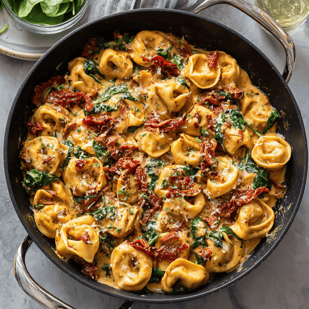 Marry Me tortellini pasta in a skillet on a clean surface.