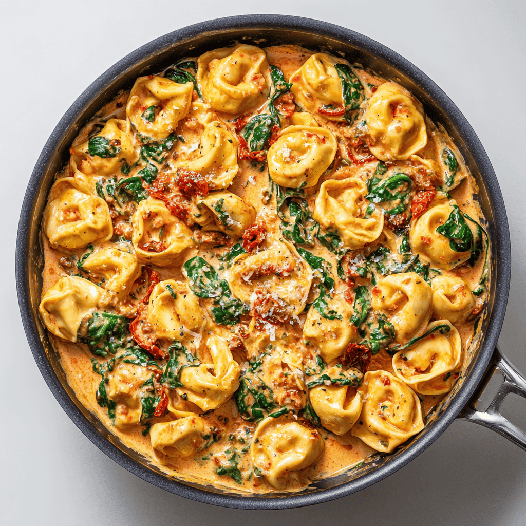 Top view of finished Marry Me tortellini pasta in a skillet.