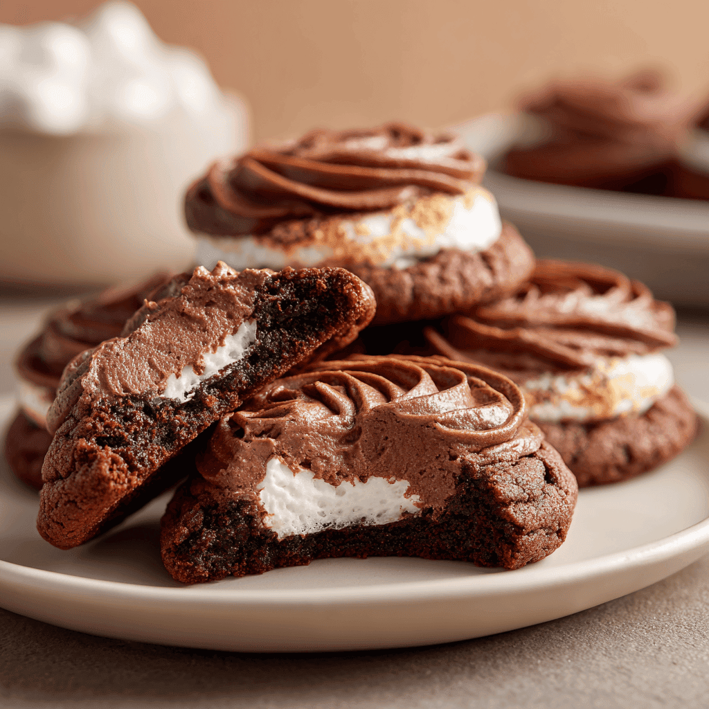 Marshmallow Hot Cocoa Surprise Cookies – Gooey, Chocolatey Joy 4 chocolate cookies with swirled frosting and marshmallow center on plate