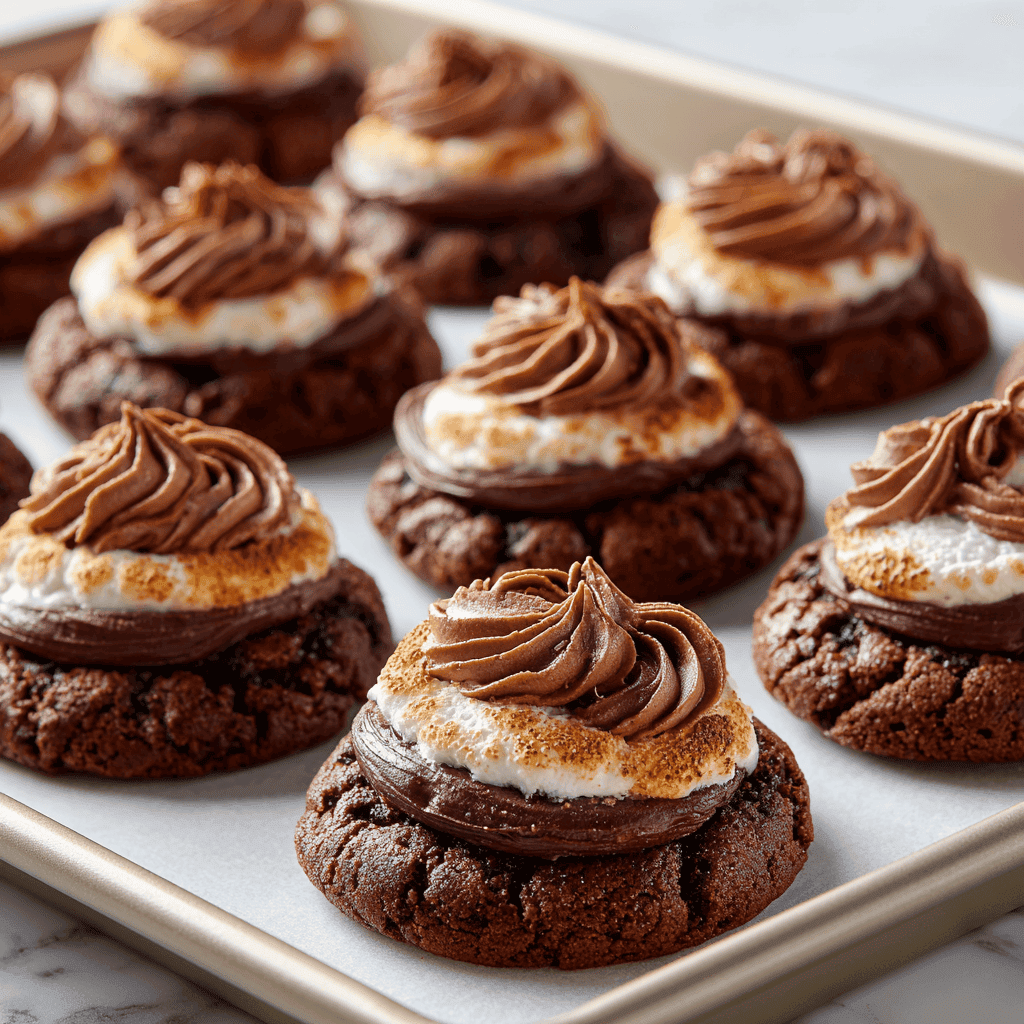 Marshmallow Hot Cocoa Surprise Cookies – Gooey, Chocolatey Joy 2 hot cocoa cookies on baking sheet showing chocolate frosting and marshmallow center