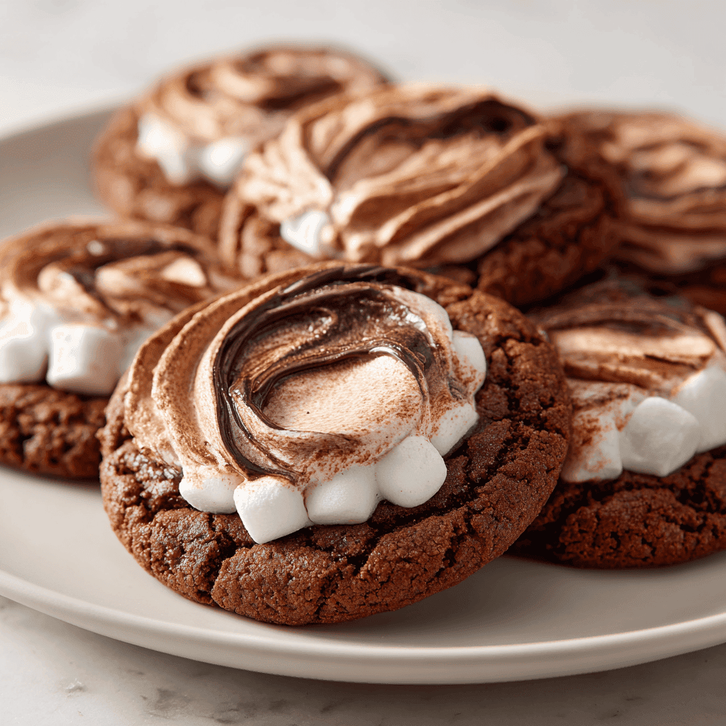 Marshmallow Hot Cocoa Surprise Cookies – Gooey, Chocolatey Joy 1 angled view of hot cocoa cookies with chocolate frosting and marshmallow filling