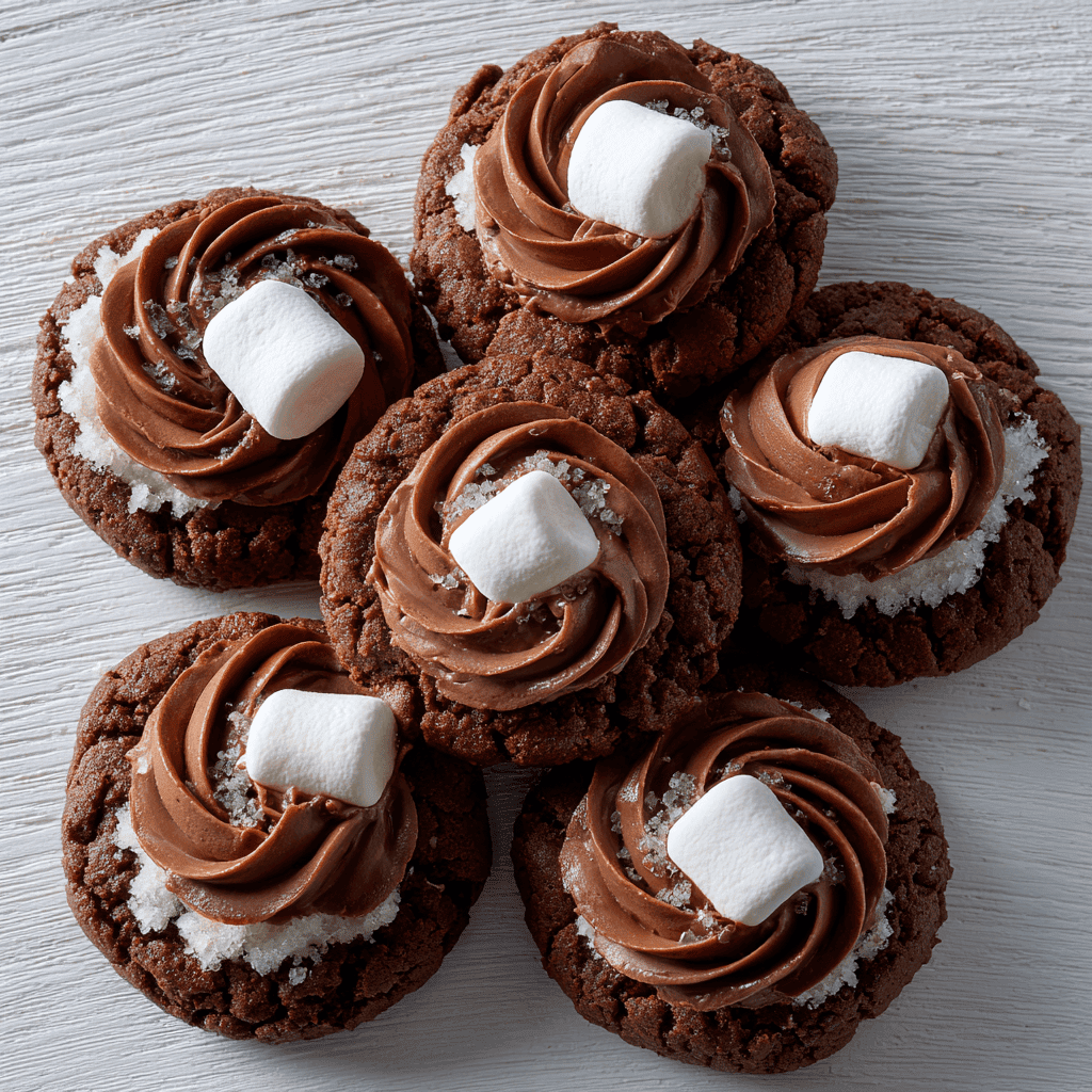 Marshmallow Hot Cocoa Surprise Cookies – Gooey, Chocolatey Joy 3 finished chocolate hot cocoa cookies with marshmallow centers and frosting swirl