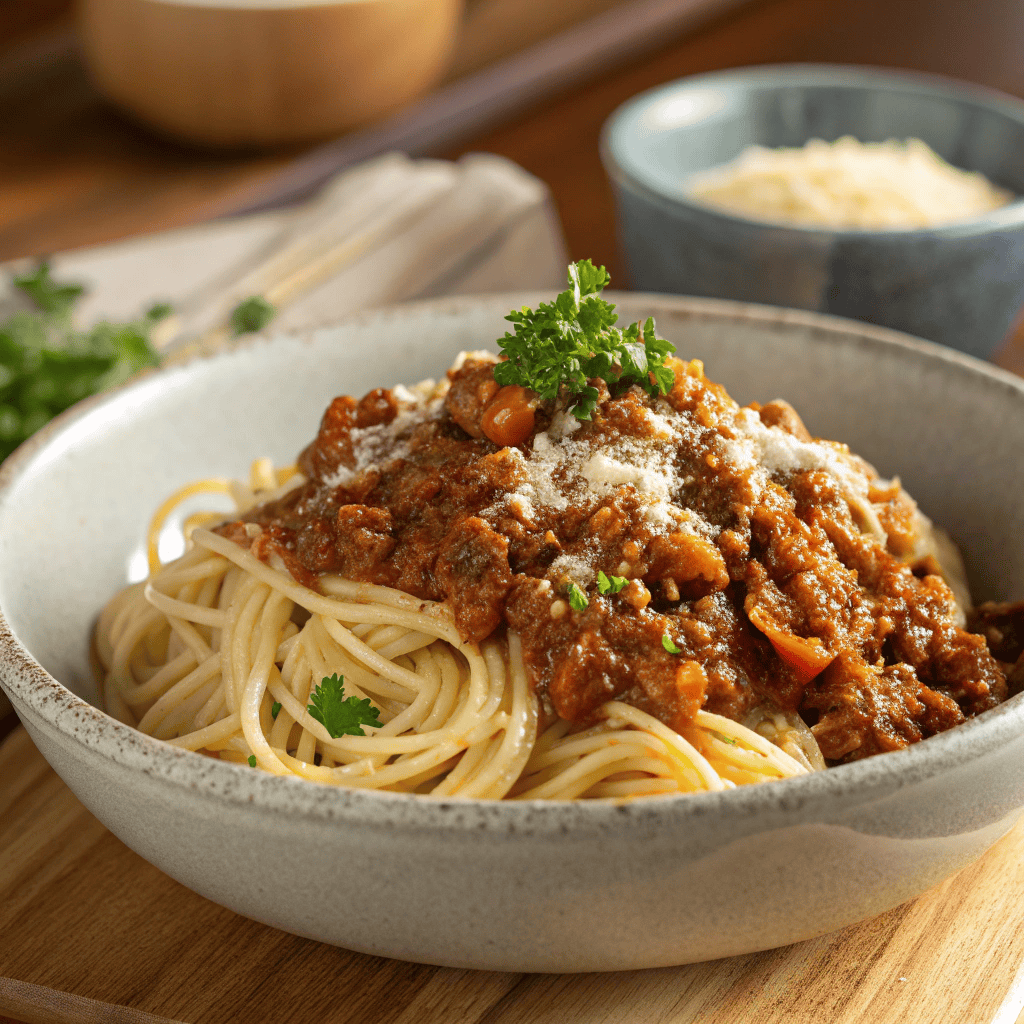 A full bowl of spaghetti with thick Italian meat sauce and herb garnish.