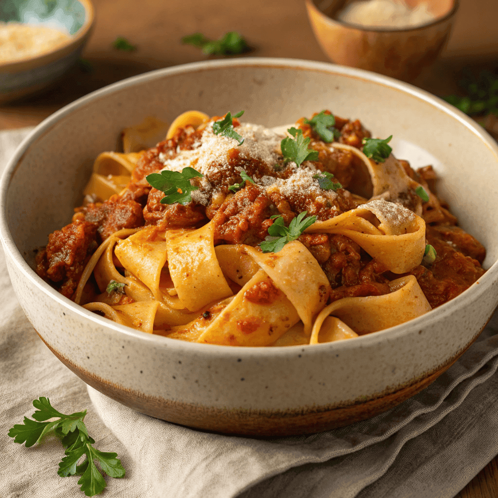 A full bowl of Calabrian chili pappardelle with parmesan and herbs.