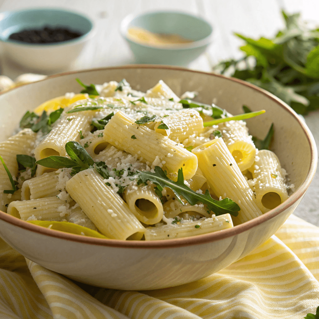 A full bowl of lemon ricotta pasta with arugula, parmesan, and pepper.