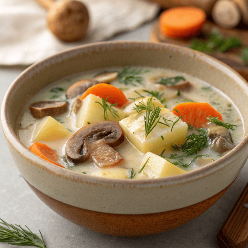 A full bowl of creamy Russian potato and mushroom soup with herbs.