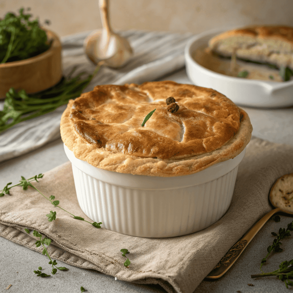 A full French chicken pot pie with flaky puff pastry crust in a ceramic ramekin.