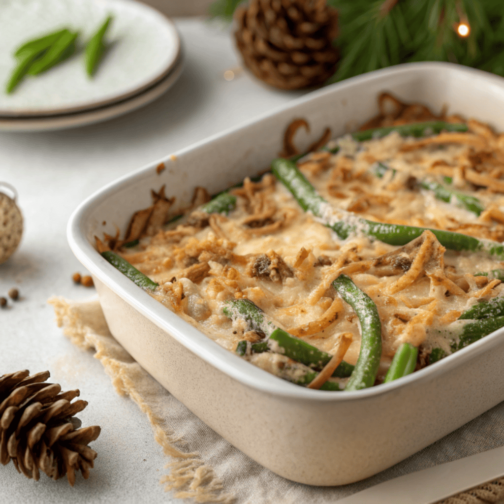 Close-up of cheesy green bean casserole showing onion, mushroom, and melted cheese texture.