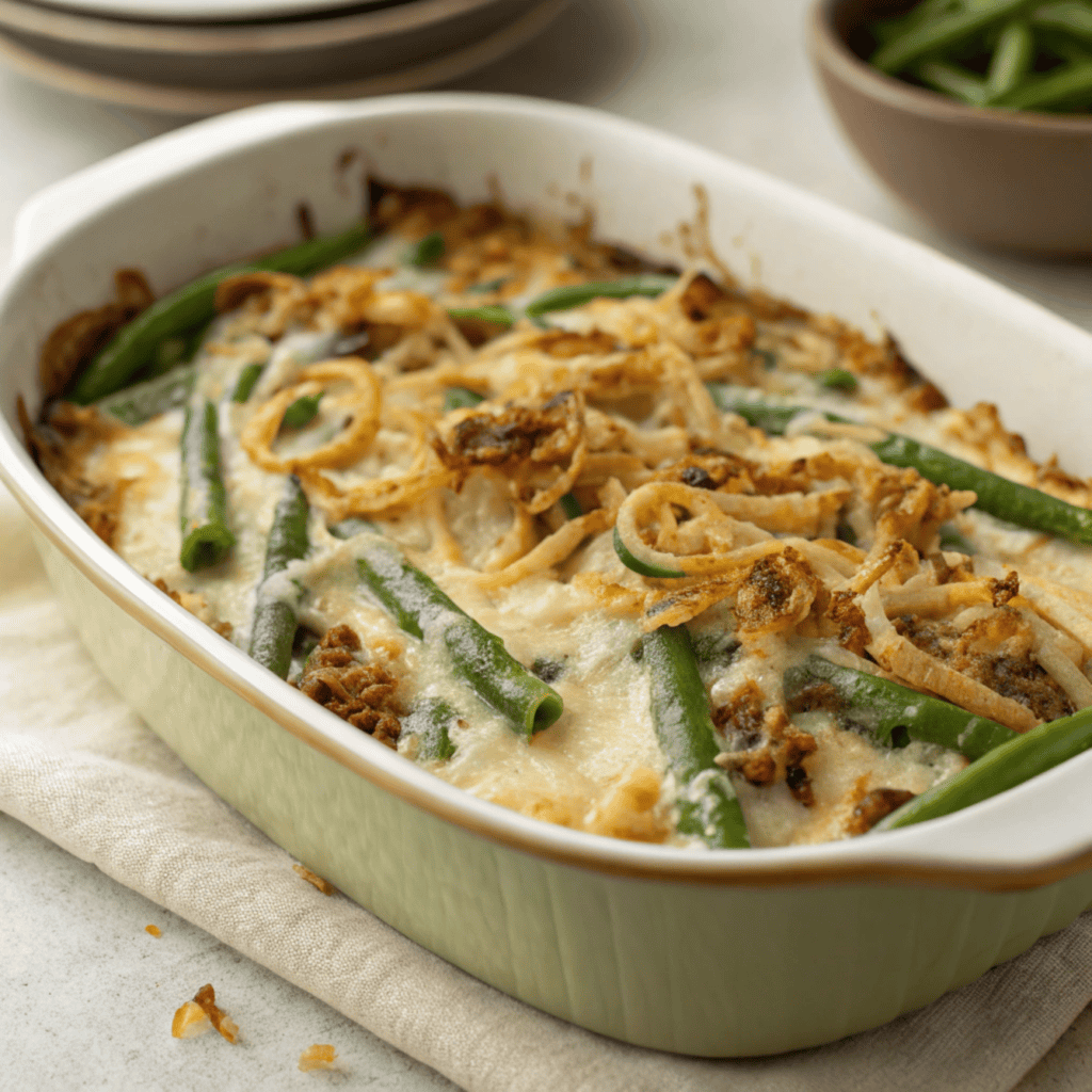 Cheesy French onion green bean casserole served in a white dish.
