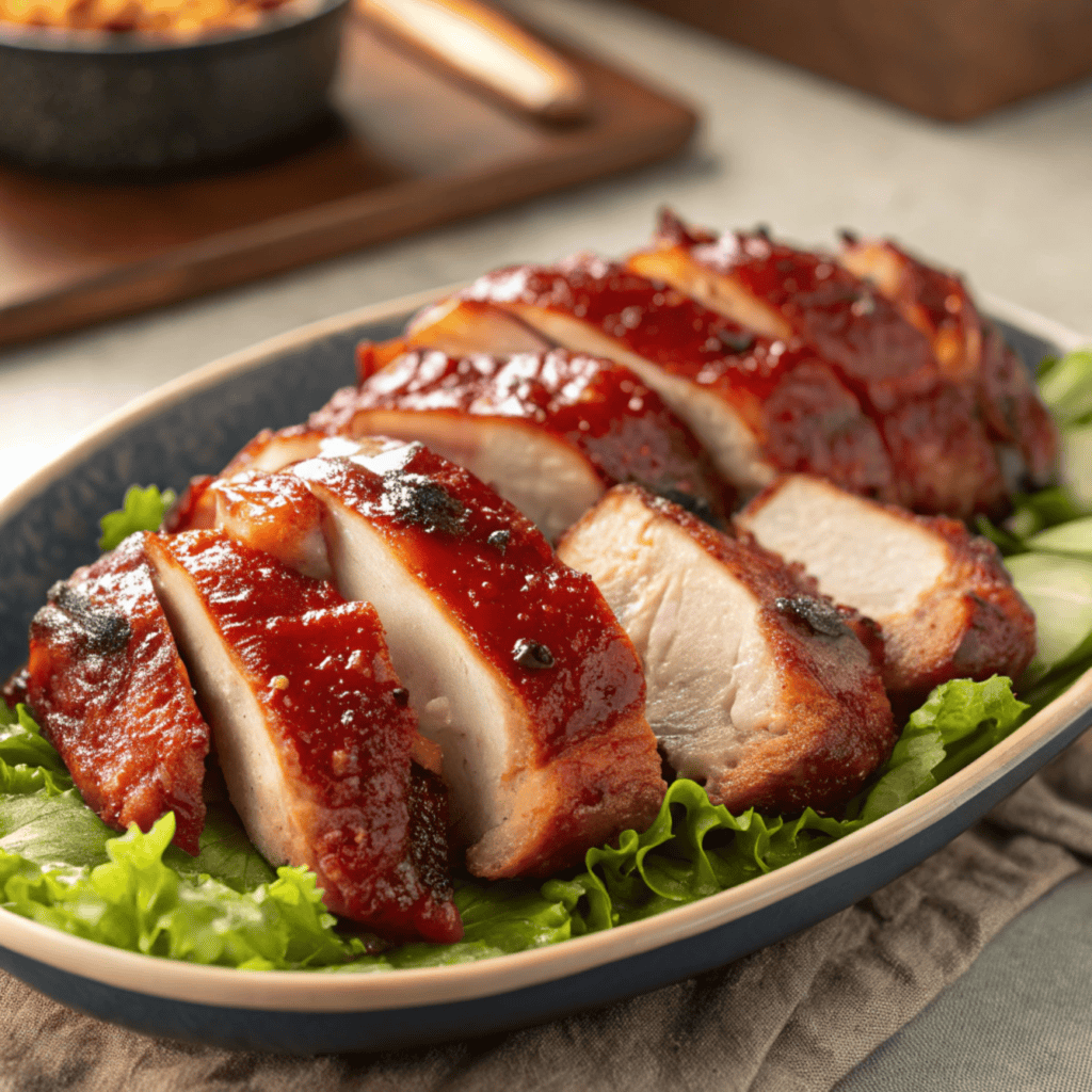 A full platter of sliced char siu chicken with sticky barbecue glaze.