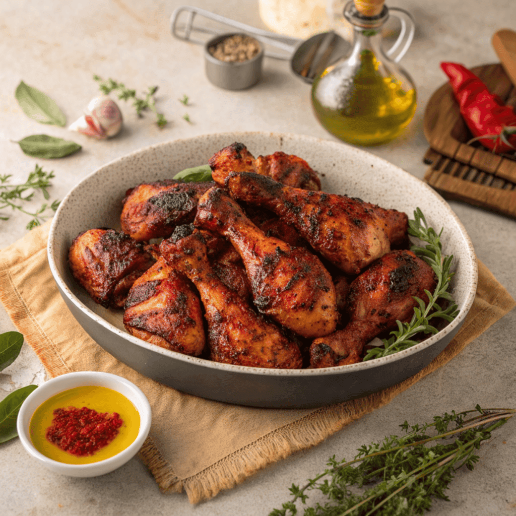 A full platter of roasted harissa chicken with spicy glaze and herbs.
