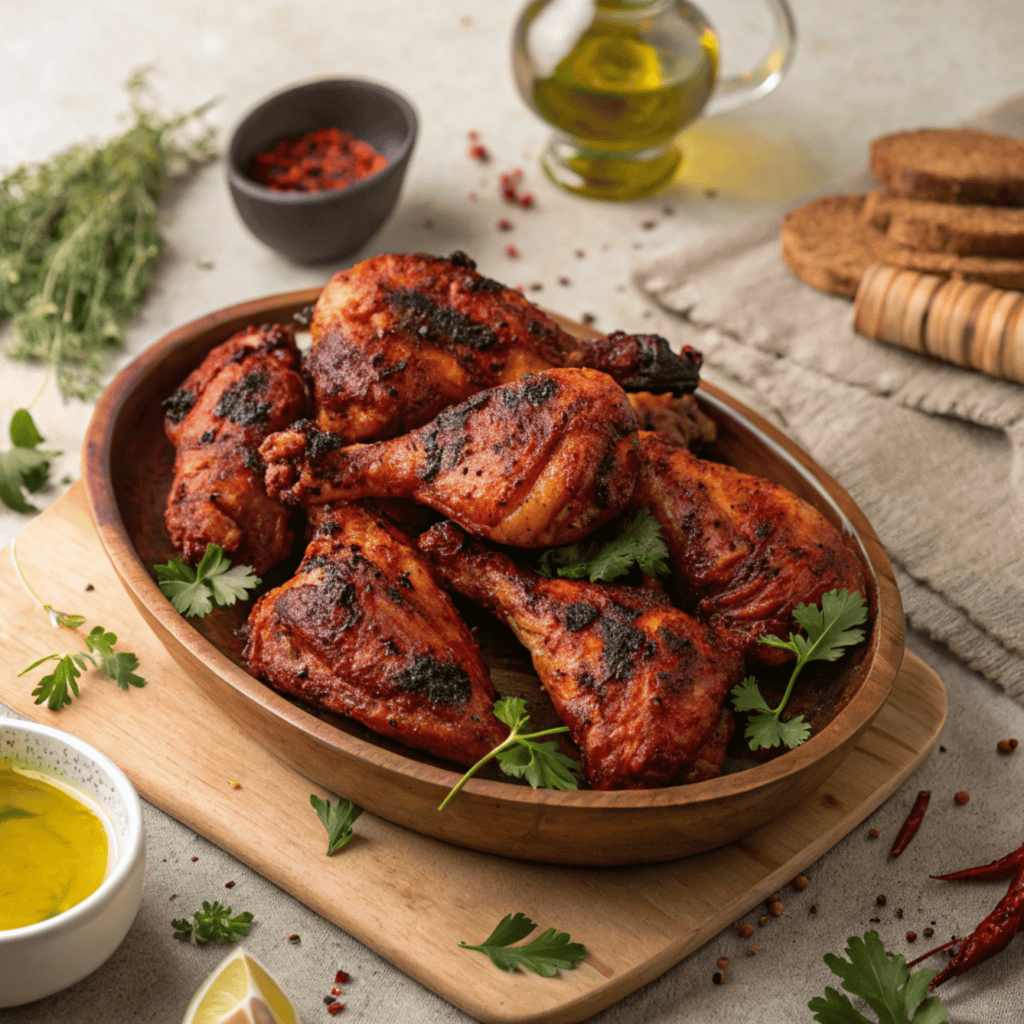 Harissa-glazed roasted chicken served on a white plate with herbs.